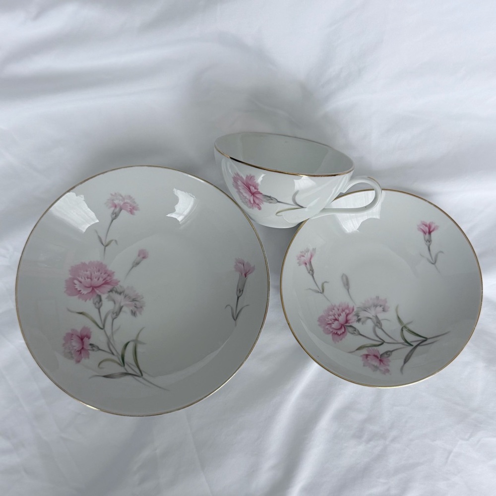 Vintage Pink Royal Court Japan Carnation Fine China 3pc Set Bowl Plate Teacup